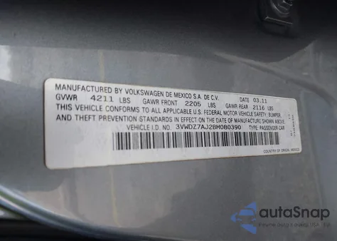 2011 Volkswagen Jetta 2.5L Se из США, поврежденный, VIN 3VWDZ7AJ2BM080390